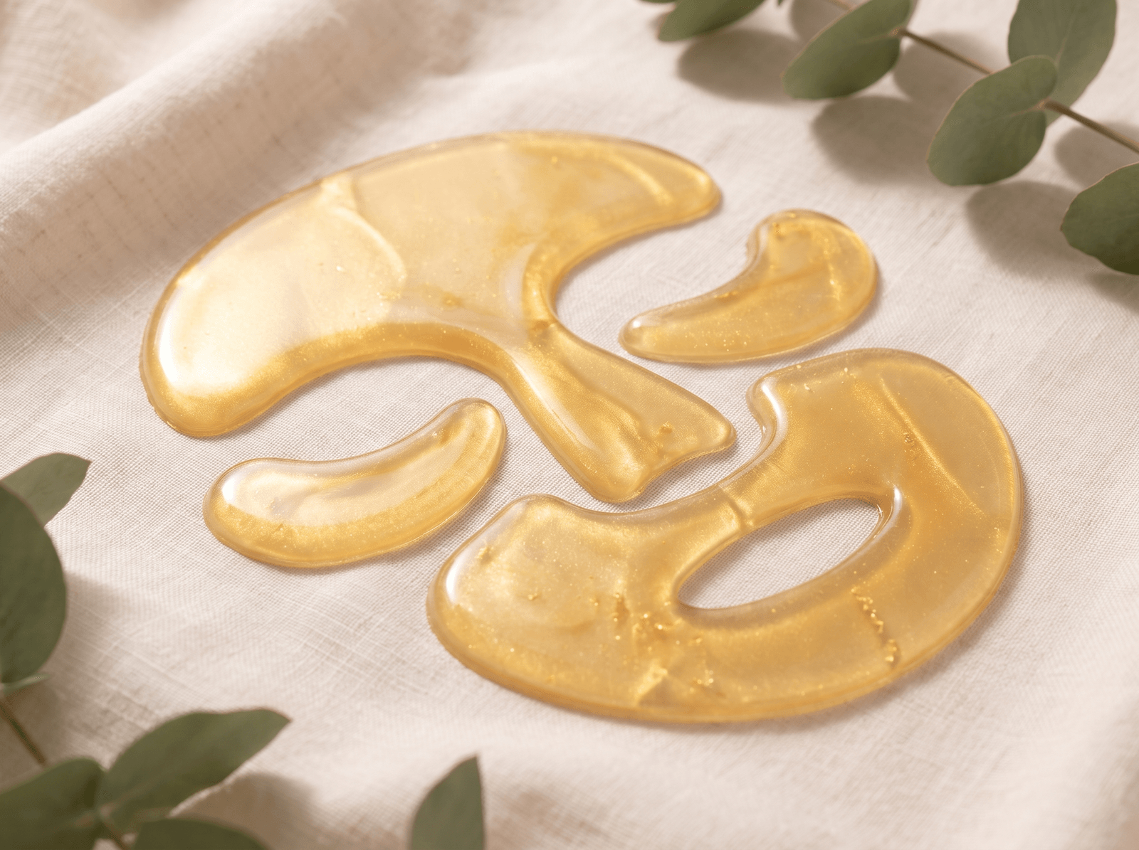 Die goldenen CONTUR.-Hydrogel-Zonen auf hellem Leinen, daneben ein Eukalyptuszweig