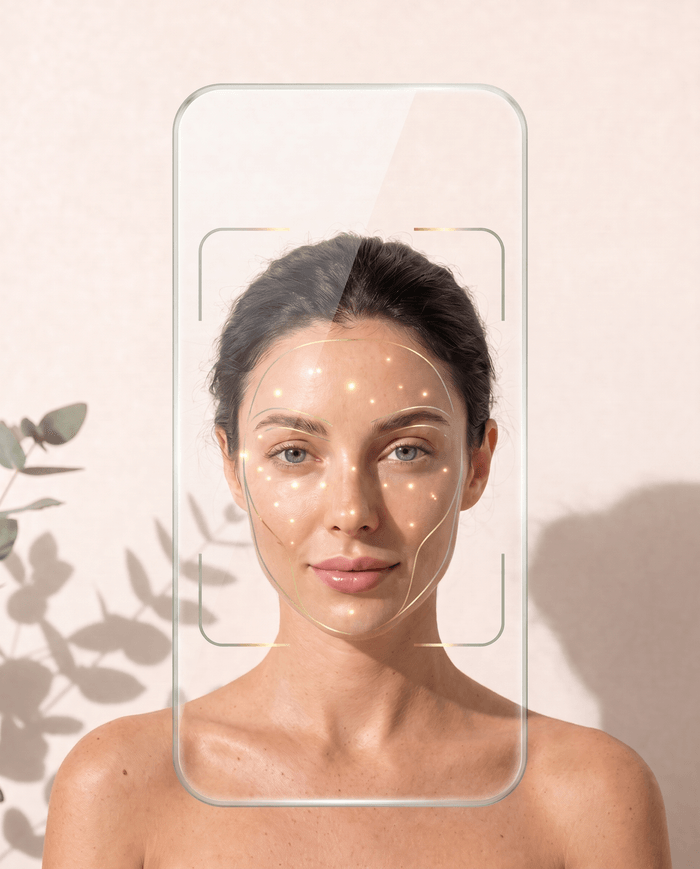 Frau beim Foto-Check: ein transparentes Smartphone liegt wie eine Glasscheibe über ihrem Gesicht