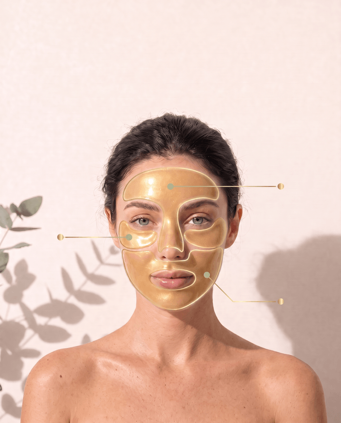 Frau mit aufliegender Maske, dazu goldene Linien und Marker, die die drei Wirkstoffzonen auf ihrer Gesichtsform zeigen